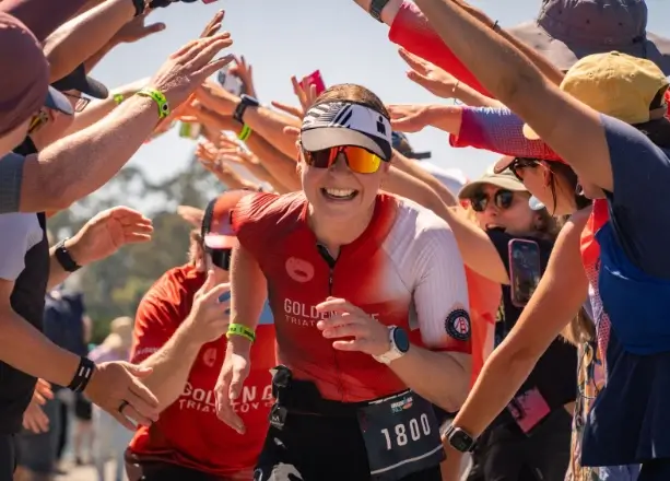 Jojo finishing the run at Santa Cruz 70.3